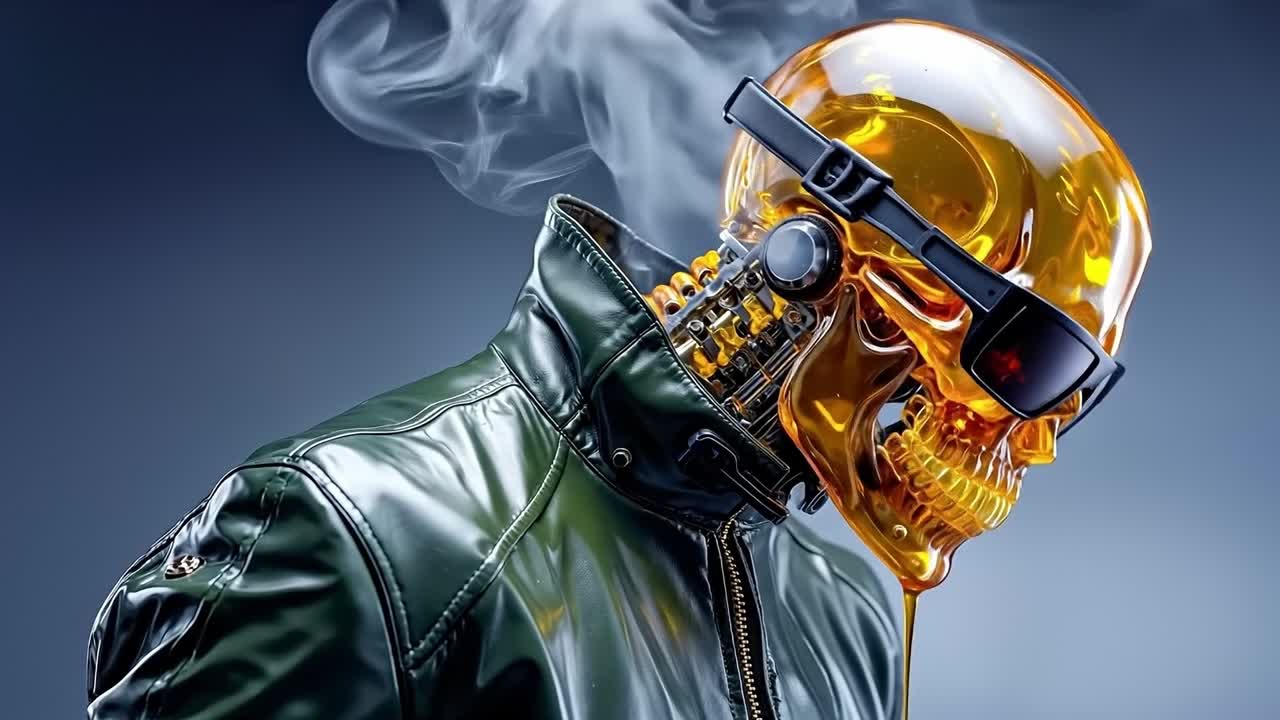 A man in a leather jacket with a skull on his head