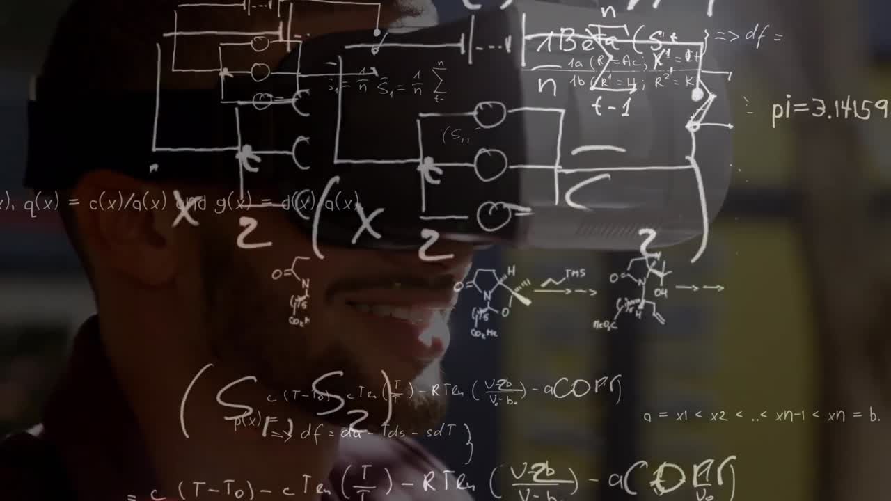 Animation of mathematical equations over biracial man using vr headset