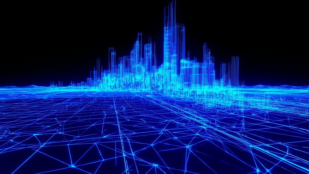 Moving camera revealing neon-blue wireframe skyline on grid plane to highlight pulsing data flow