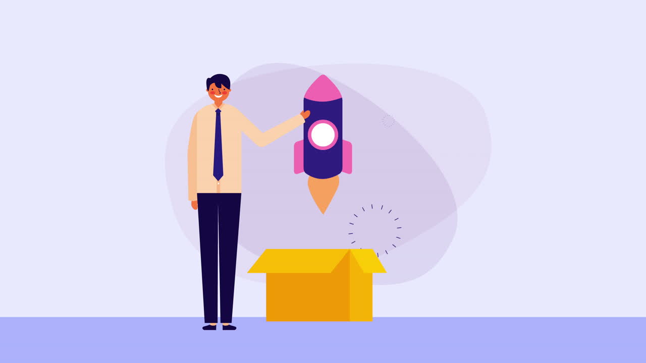 trabajador de negocios con caja de cartón y cohete