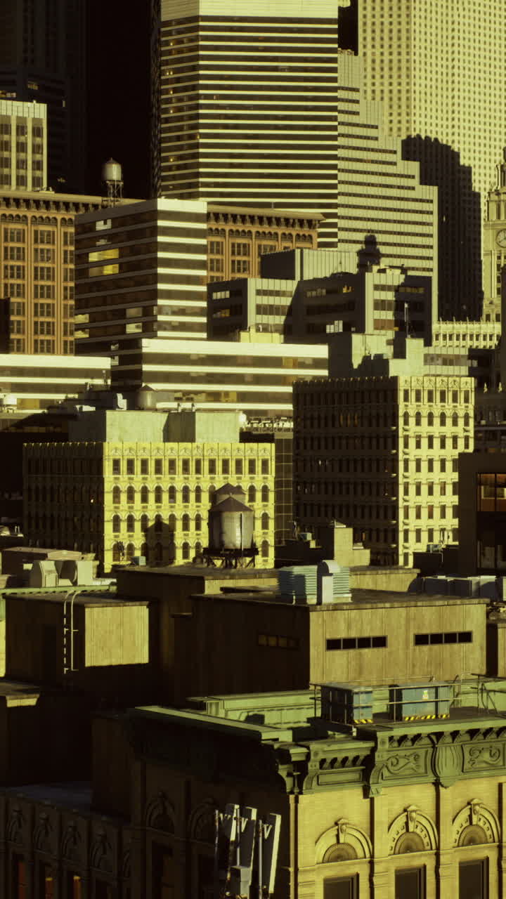 Vibrant urban skyline showcasing diverse architecture at sunset