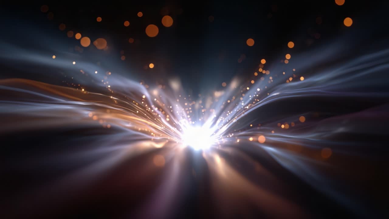 A Beautiful Fusion of Light and Motion: Captivating Energy Flowing in an Abstract Display of Vibrant Colors and Sparkling Particles Emanating from a Central Point