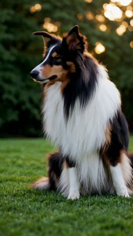 tricolor collie sitting in a field at sunset