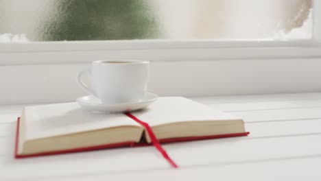 Video-of-cup-of-hot-coffee-and-book-over-frozen-and-snowy-window