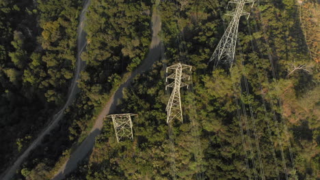 aerial rotation around power lines on a verdant mountain