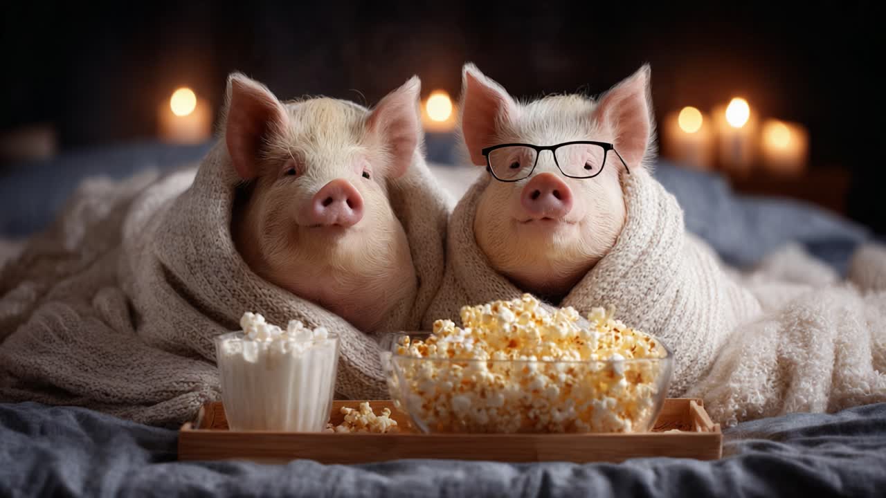 Two Adorable Pigs Snuggled in Blankets Enjoying a Cozy Movie Night, Complete with Popcorn and Candles, Creating a Heartwarming and Whimsical Atmosphere