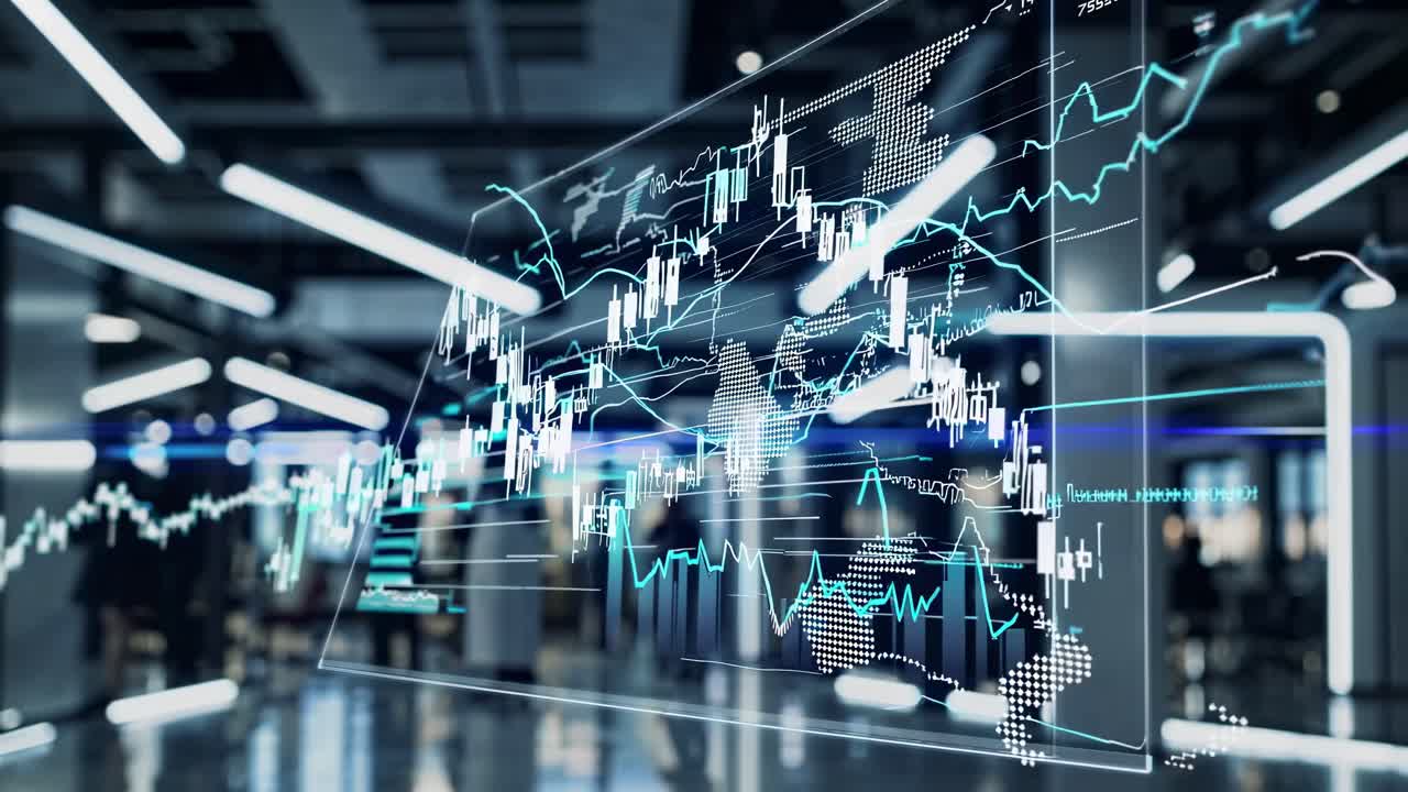 Futuristic video concept with a low-angle view of digital financial graphs overlaying a blurred