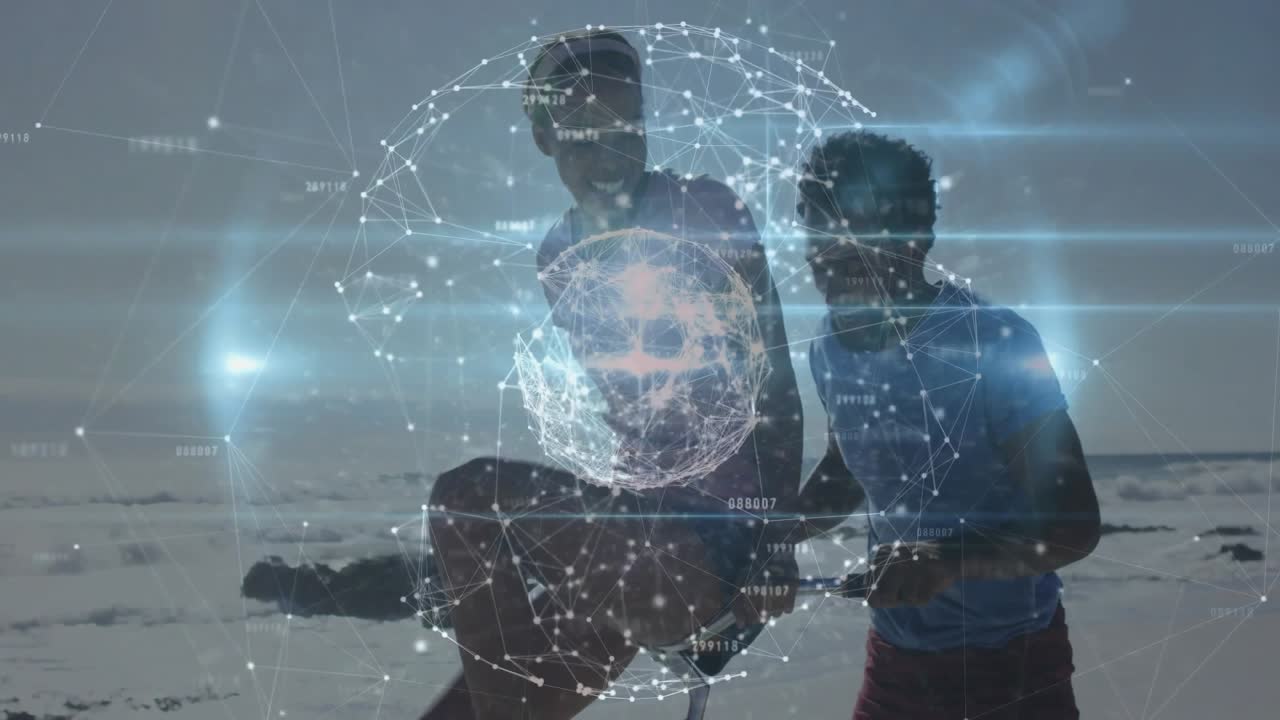 Man and woman exploring technology at beach, manipulating holographic net sphere with glowing nodes