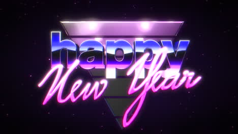 feliz año nuevo con triángulo retro neón en galaxia al estilo de los años 80