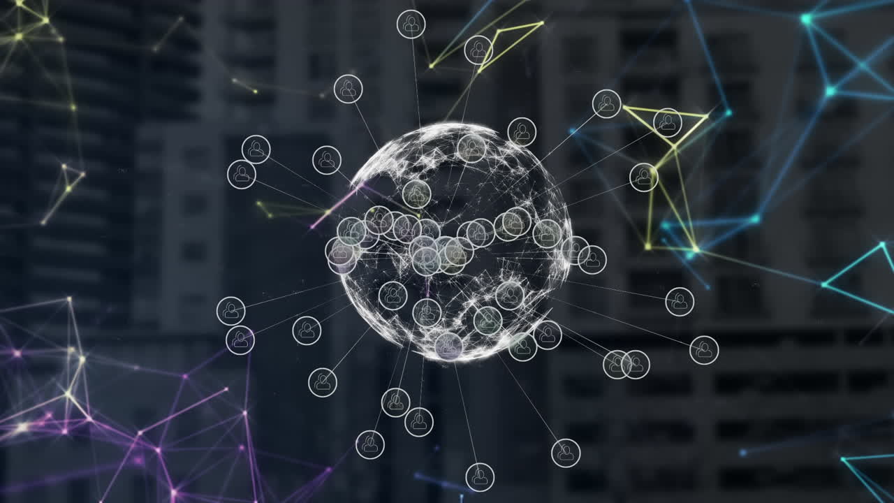 globo de iconos digitales y red de conexiones contra edificios modernos