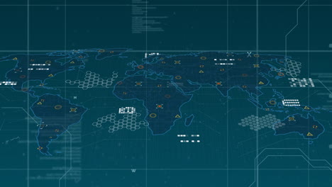 animación del procesamiento de datos y el mapa del mundo sobre fondo azul
