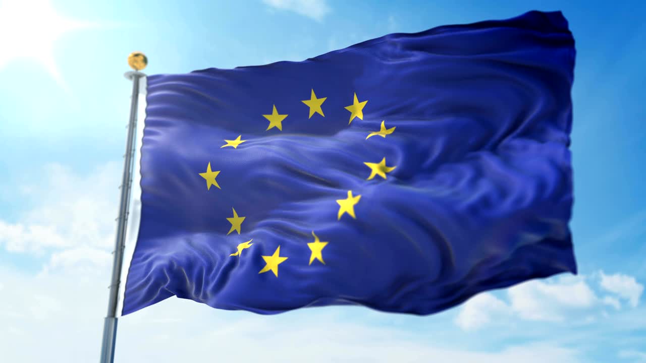 European Union flag seamless looping 3D rendering video. Beautiful textile cloth fabric loop waving