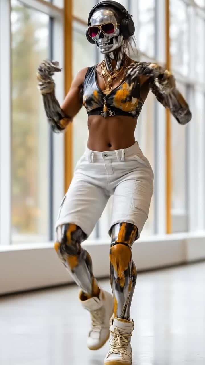 Cyborg femminile in stile street con cuffie e gambe meccaniche che posa in uno studio luminoso.