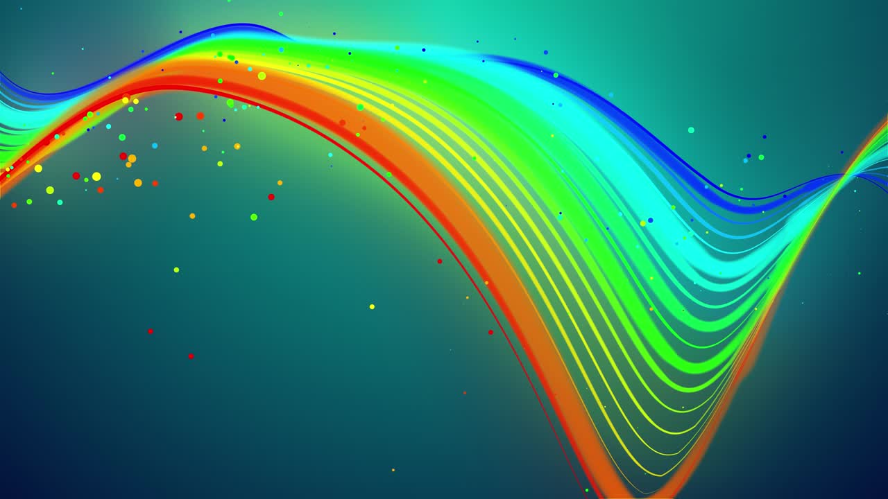 무지개 색의 반이는 선이 공중에 날아다니며 부드럽게 진동하고 파동합니다. 3d 추상적인 루프 창조적 배경은 반이는 리본과 같은 입자로 액체에 떠 있습니다. 알파 채널로 루마 매트.