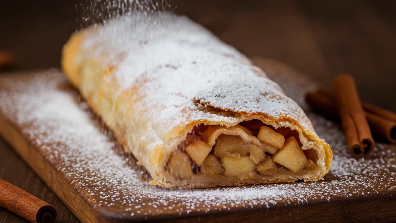 Apple Strudel Sprinkled with Powdered Sugar on a Wooden Board