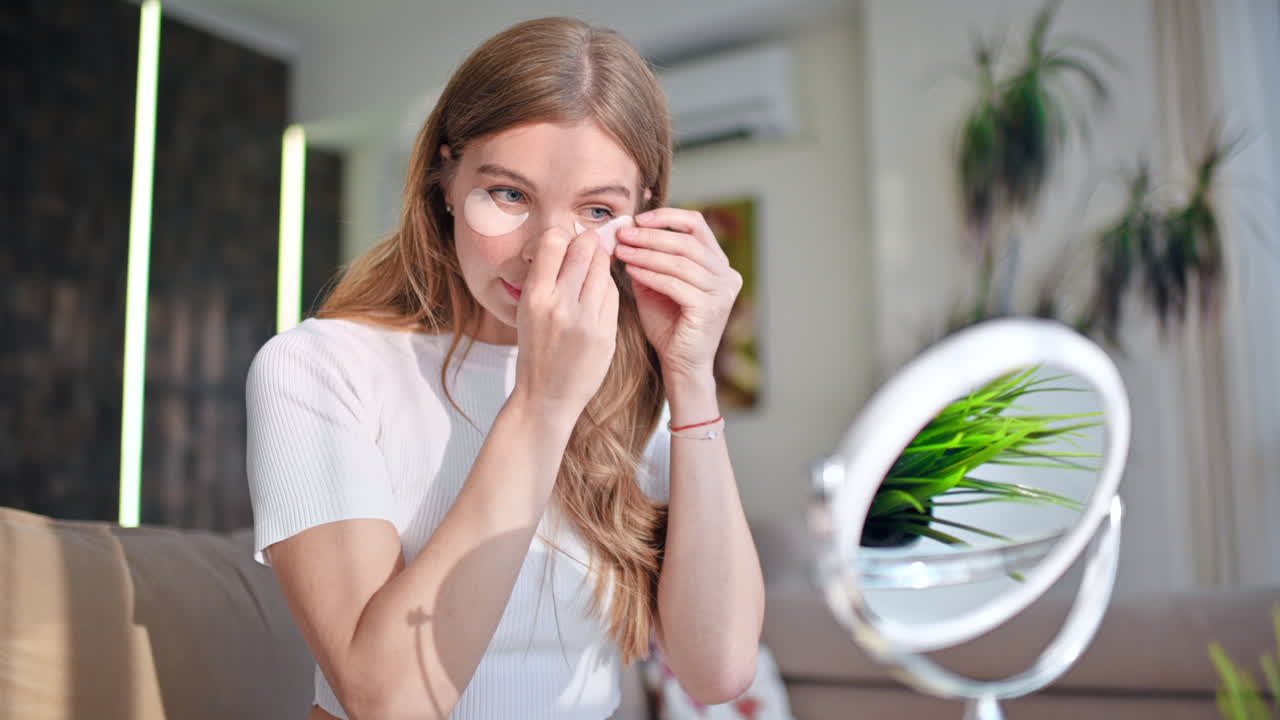 Woman applying eye patches for skin care