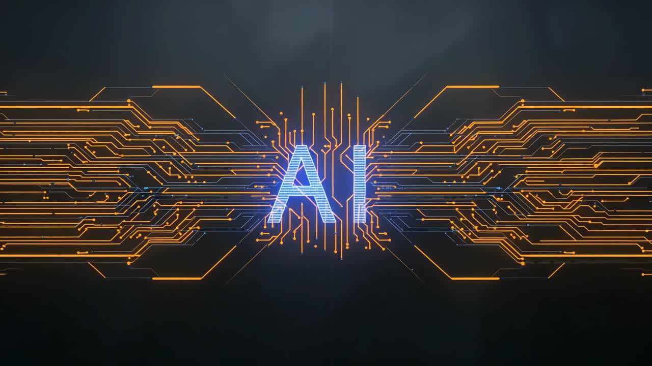 Upon start illuminating orange circuit traces converging on backdrop highlighting blue AI letters