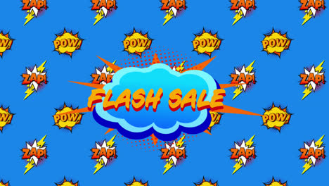 flash sale, pow and zap text on speech bubble against blue background