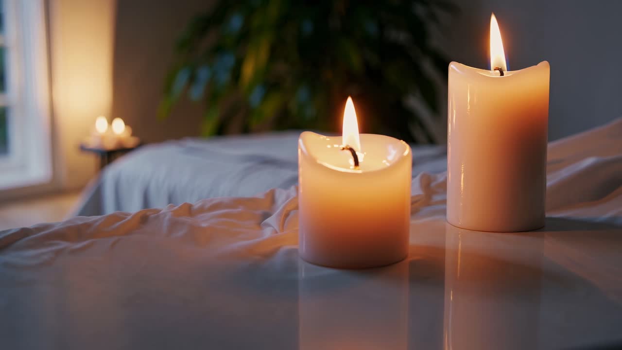 Koselig spa-rom med tente stearinlys, et massasjebord og myk belysning.