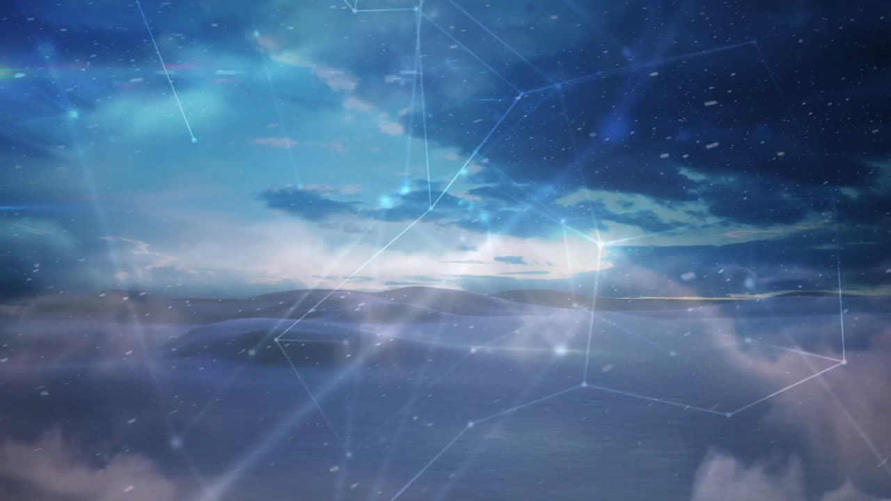 Glowing network nodes animating over cloudy horizon, with interconnected lines and light flares