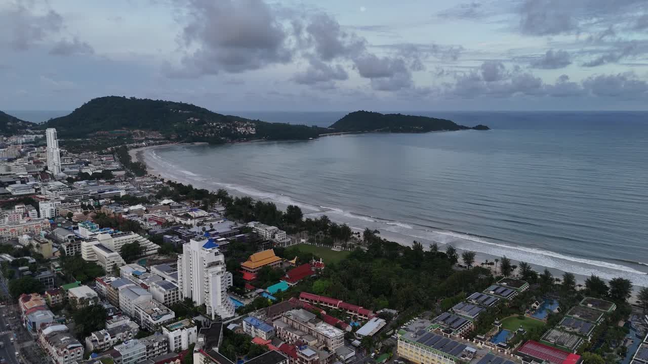 Drone aerial birds eye view patong walking street bangla road phuket town thailand coast city beach