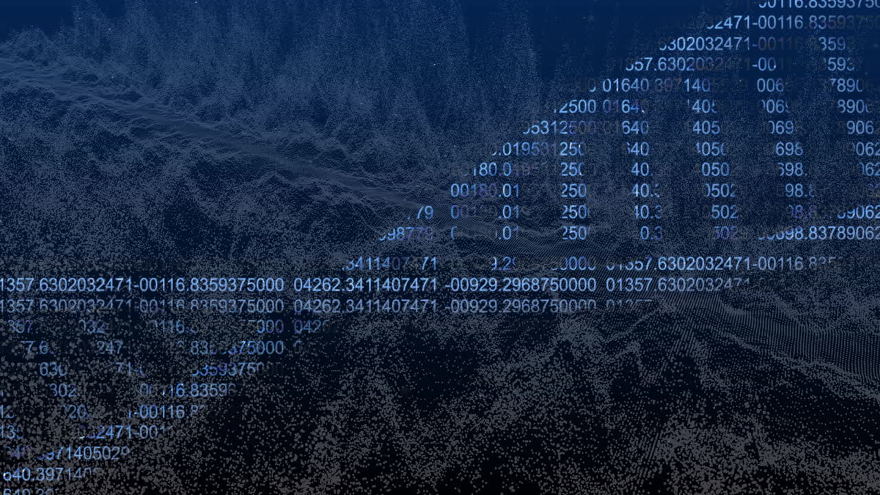 Binary code and numerical data processing over digital landscape animation
