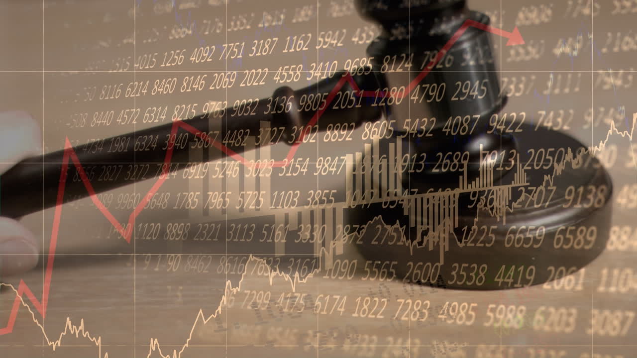 Animazione di elaborazione di dati statistici e finanziari su martelletto del banditore
