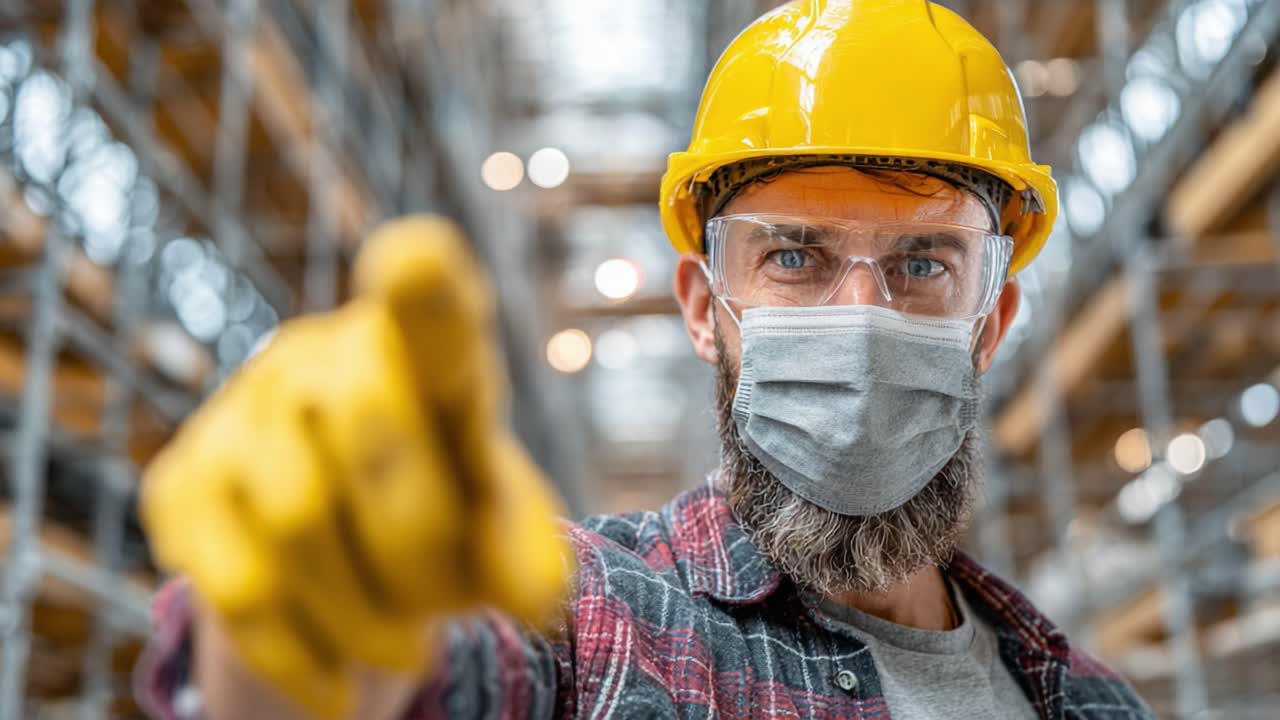 A Focused Industrial Worker Points Directly at the Camera, Showcasing Safety Gear Including a Hard Hat and Face Mask in a Warehouse Environment