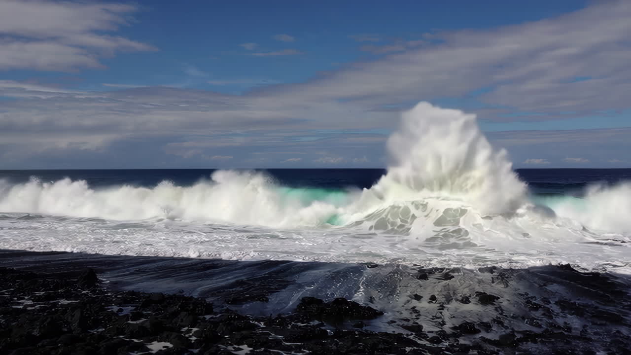 Powerful Ocean Waves Crashing on a Black Sand Beach