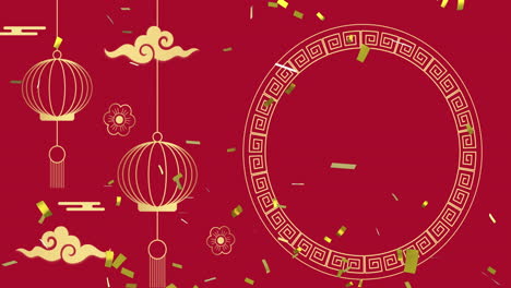 animación de decoraciones tradicionales chinas y confeti sobre fondo rojo