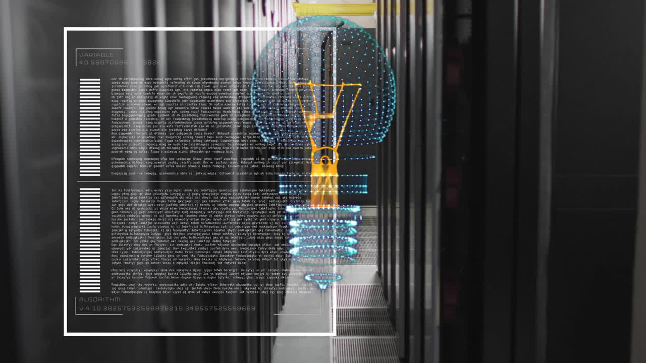 Animation of light bulb and data processing over computer servers
