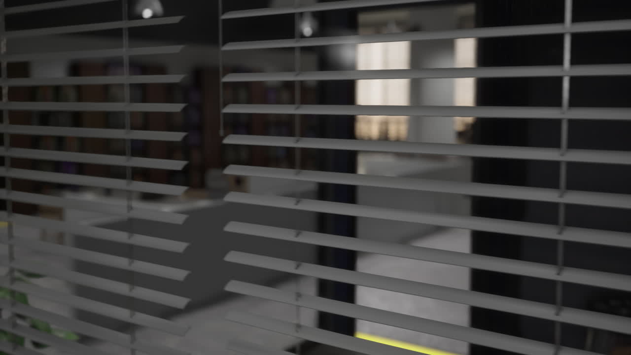 Horizontal blinds filter light in a dark room creating a serene atmosphere