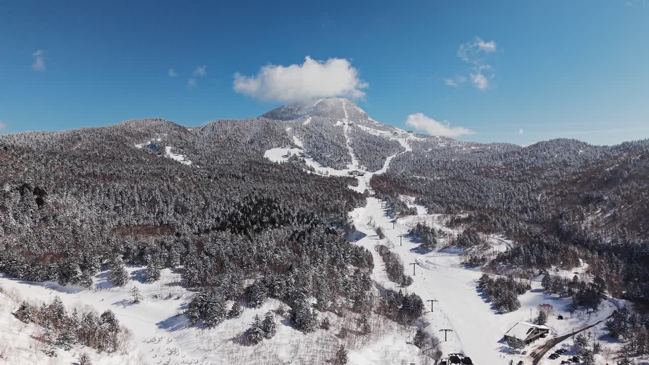 Video panning udara lereng ski Yokoteyama di Shiga Kogen, Nagano