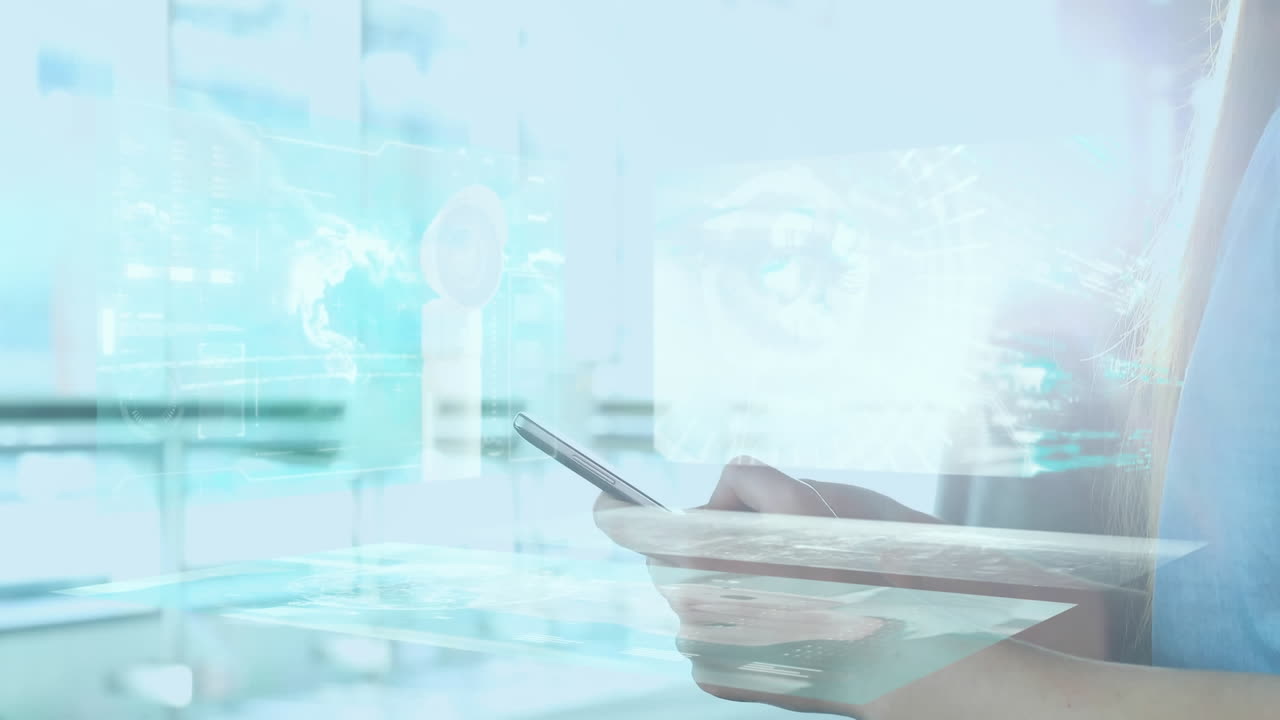 스마트 폰을 사용하는 사업가 여성에 대한 데이터 처리 애니메이션