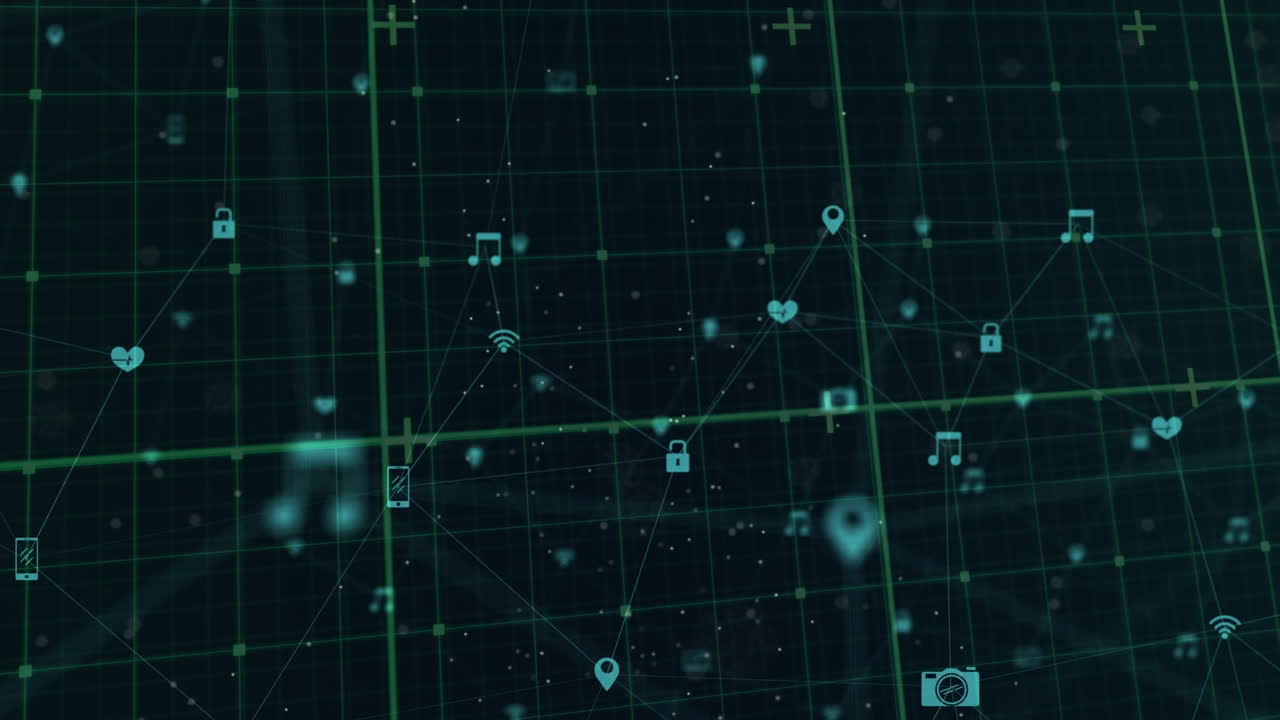 Animation of network of connections with icons on black background