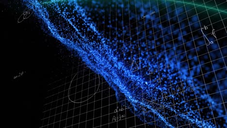 animación de una malla azul sobre datos matemáticos sobre un fondo negro