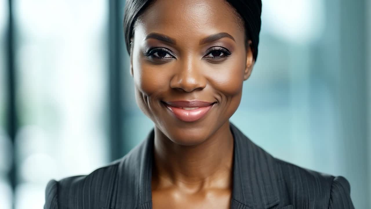 mujer de negocios sonriendo con confianza en un entorno de oficina moderno, mostrando profesionalismo y éxito en su carrera