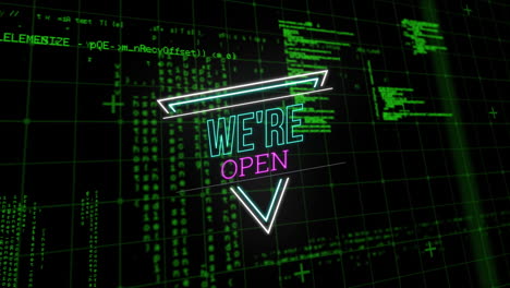 animation of we're open neon text over data processing and grid