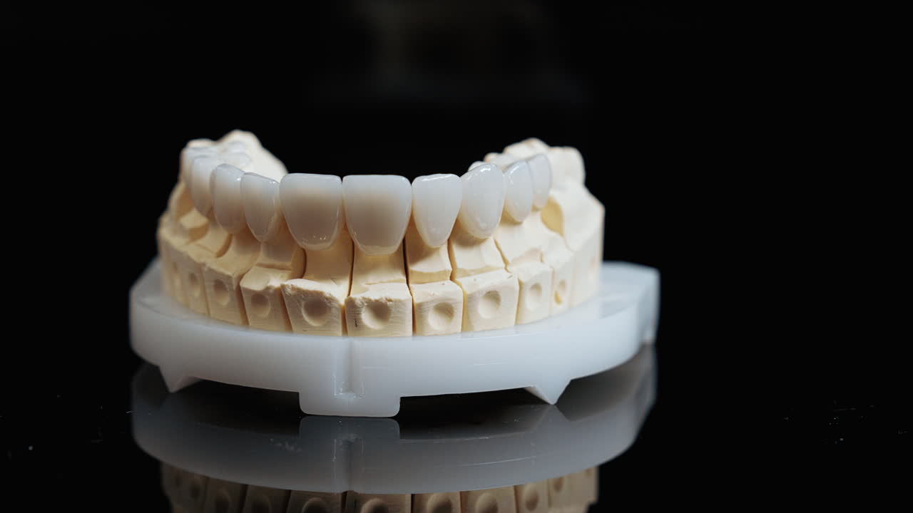 Close-up view of porcelain veneers placed on a tooth model. Detailed cosmetic dentistry scene showing precision, craftsmanship, and modern smile restoration techniques
