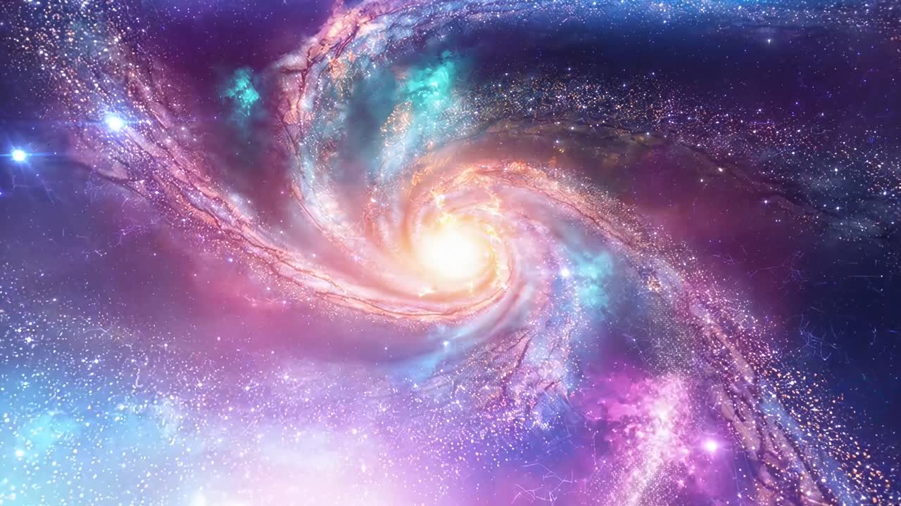 A mesmerizing top-down video view of a vibrant galaxy swirling with colorful cosmic clouds