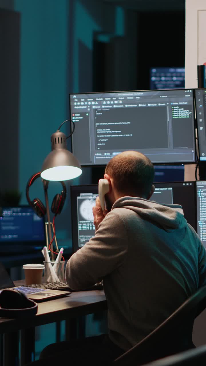 Film w pionie: młody dorosły programista rozmawia przez telefon stacjonarny w nocy