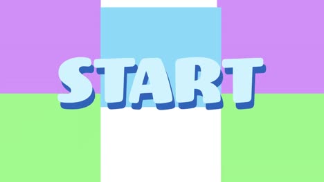 animation of start text banner and abstract shapes over colorful sqaure shapes on white background