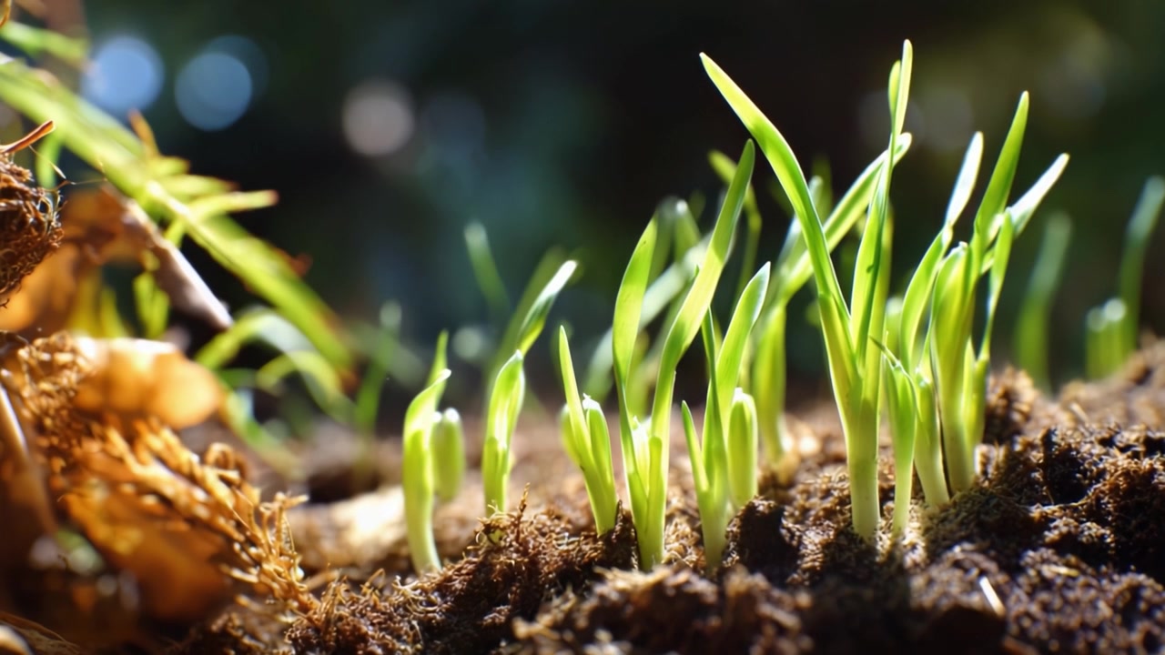 Germogli verdi vivaci che emergono da un ricco terreno scuro in un ambiente lussureggiante, mostrando la bellezza della crescita e del rinnovamento della natura sotto una delicata luce solare.