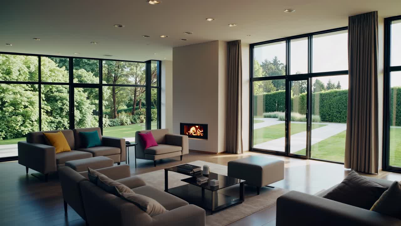 Modern living room with large windows, shot from a wide-angle