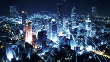 a dynamic urban nightscape showcasing advanced drone technology and interconnected communication networks across a futuristic city skyline