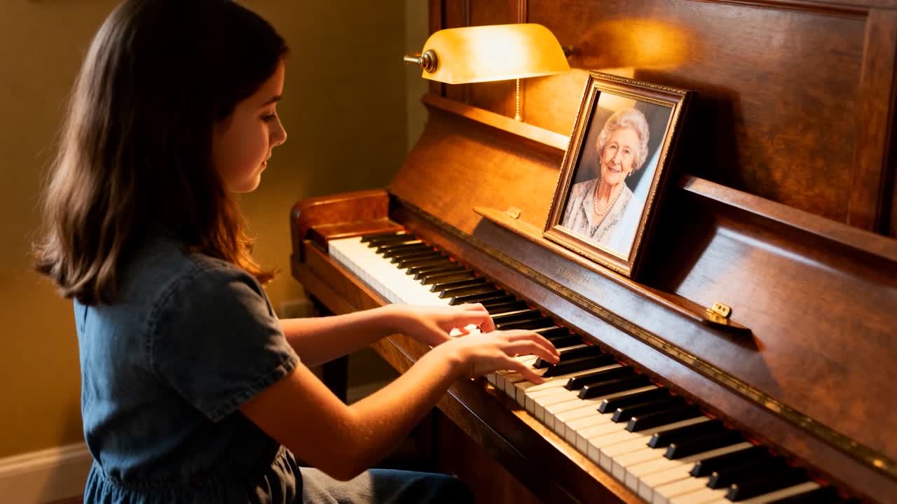 Bambina che gioca con un vestito blu, lampada che si accende, mentre si esercita al pianoforte a casa con un ritratto, spazio per il testo.
