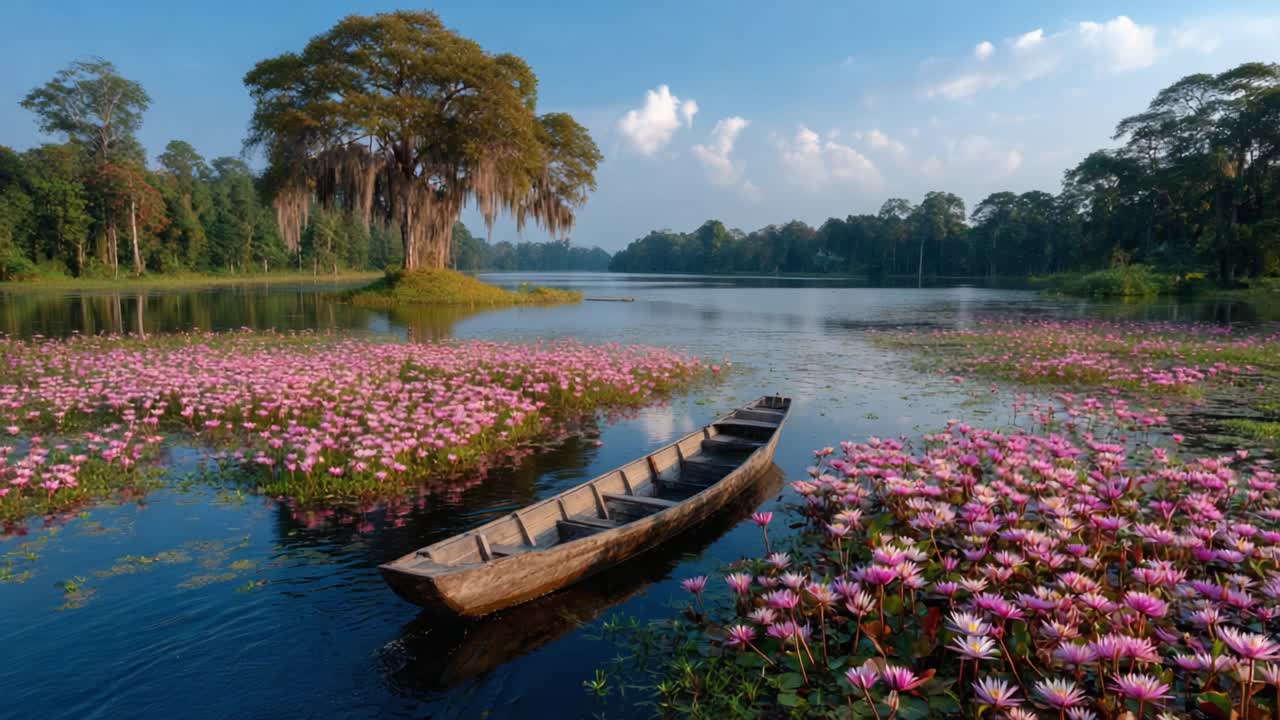 Stunning Serenity: A Tranquil Scene of a Wooden Boat Surrounded by Pink Lotus Flowers Under the Beautiful Sky in a Calm River Landscape