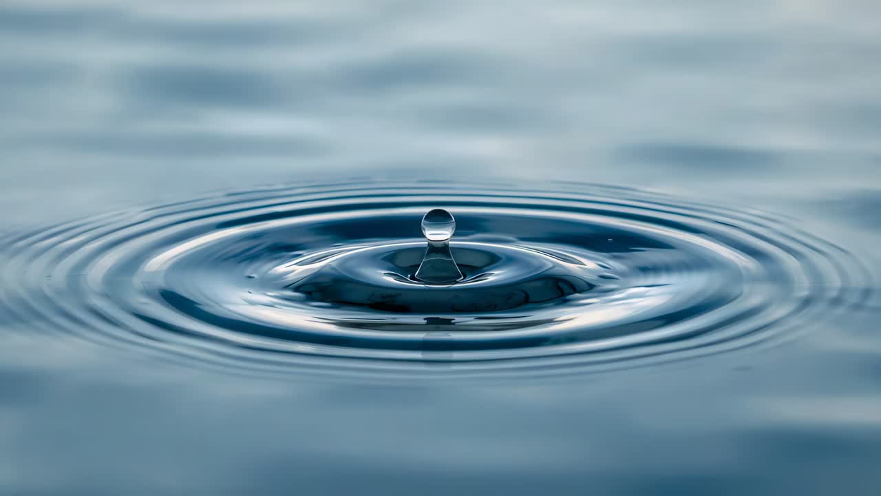 Striking small droplet causing circular ripples on water surface of calm pool, revealing cavity