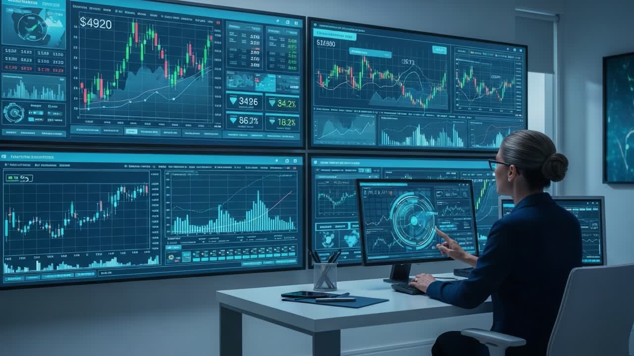 Advanced Data Analysis in Financial Markets: Expert Trader Analyzes Stock Trends Through Multiple Monitors with Real-Time Graphs, Charts, and Indicators