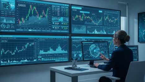 advanced data analysis in financial markets: expert trader analyzes stock trends through multiple monitors with real-time graphs, charts, and indicators